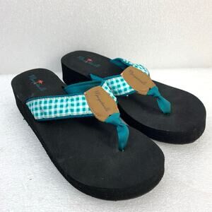 Margaritaville Plaid Blue MG1562C Thong Flip Flop Wedge Women's US Size 8